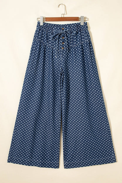 Sky Blue Polka Dot Print Button Pleated Detail Wide Leg Jeans - Loving It Shop