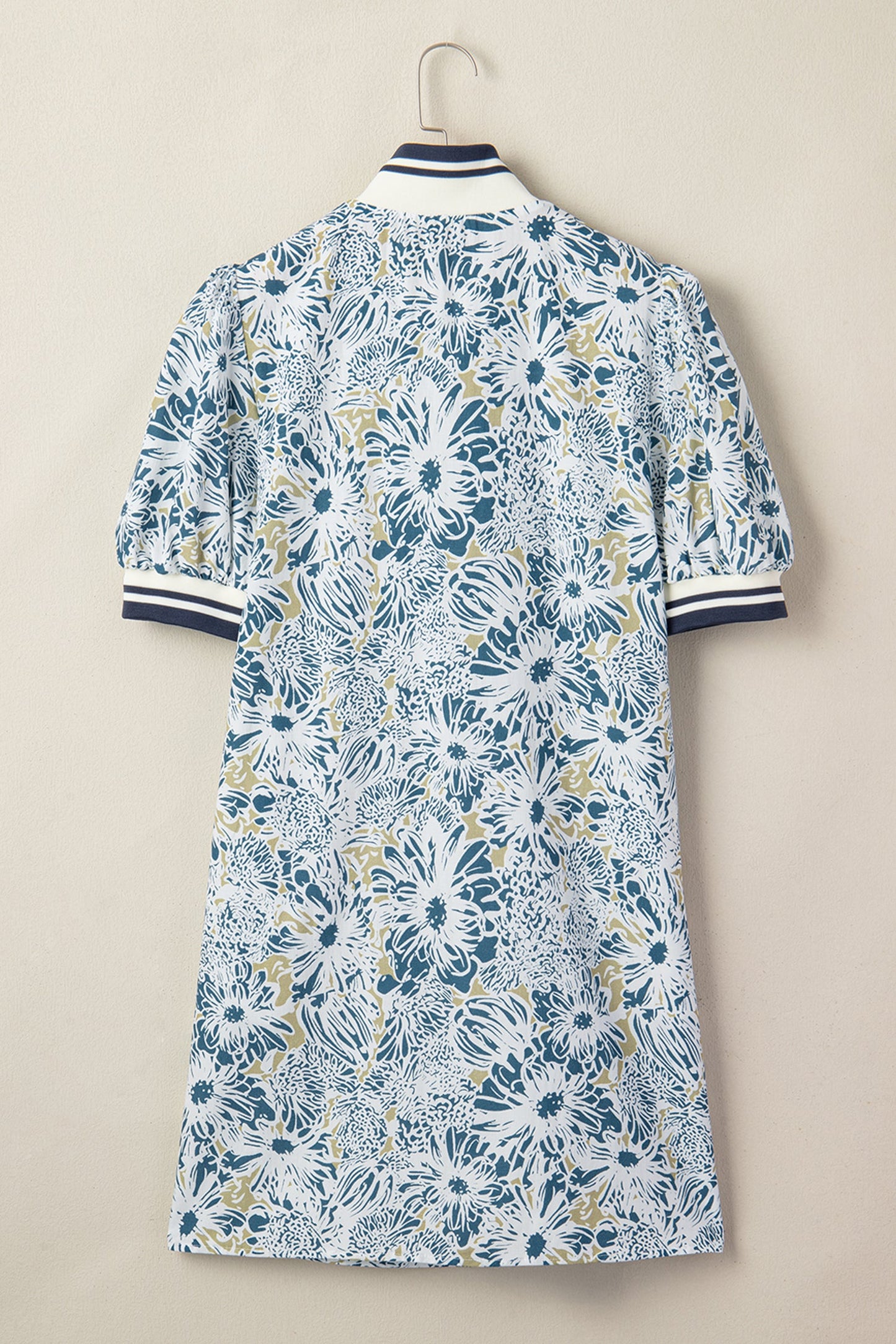 Blue Floral Print Striped Webbing Patchwork Collar Short Sleeve Mini Dress
