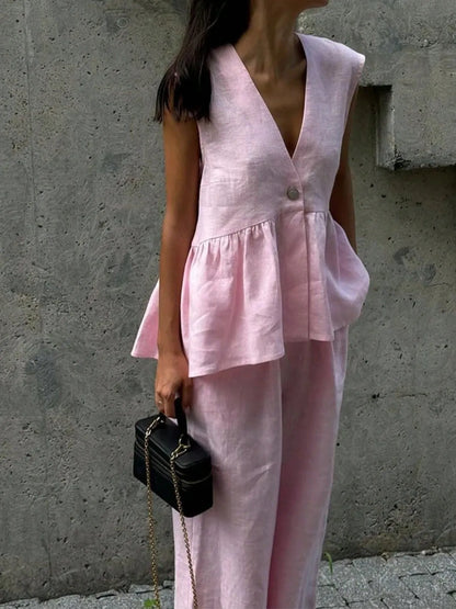 Button Down Peplum Vest and Pants Set