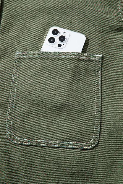 Smoke Green Patched Pocket Collared Button Front Boyfriend Denim Jacket