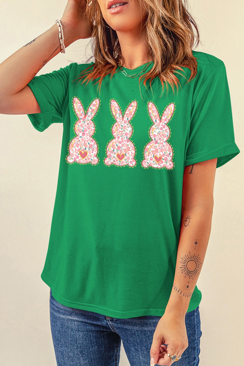 Bright Green Easter Floral Rabbit Print Crew Neck T Shirt - Loving It Shop