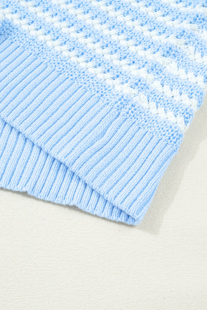 Sky Blue Stripe Short Sleeve Knit V Neck Bow Knot Sweater