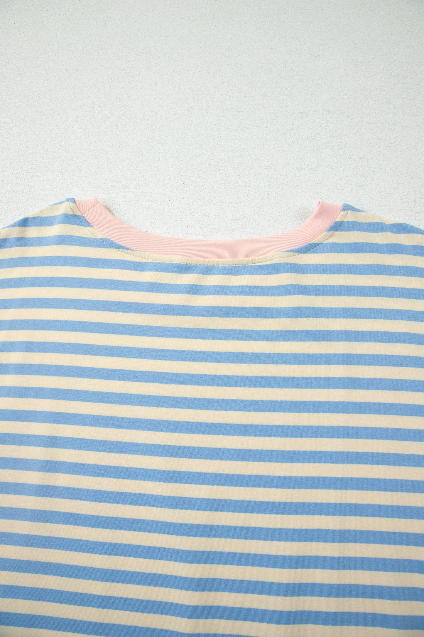 Sky Blue Stripe Plus Size Drop Shoulder Contrast Trim Round Neck Tee