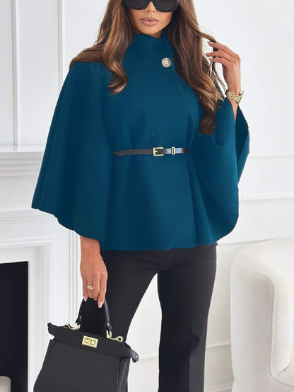 New Stand Collar Batwing Sleeves Cloak Top With Belt Ins Fashion Temperament Jacket Woolen Sweater Outwear For Women Clothing