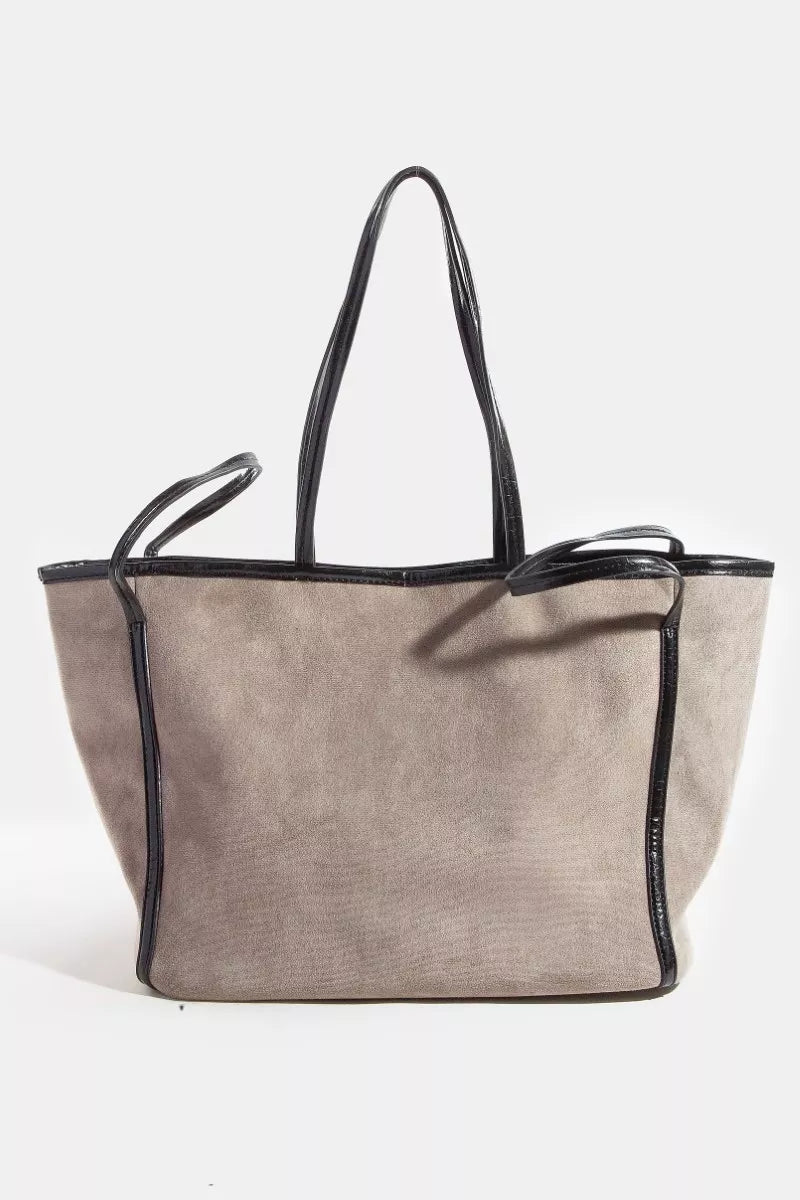 Suede Tote Faux Leather Trim Shoulder Strap