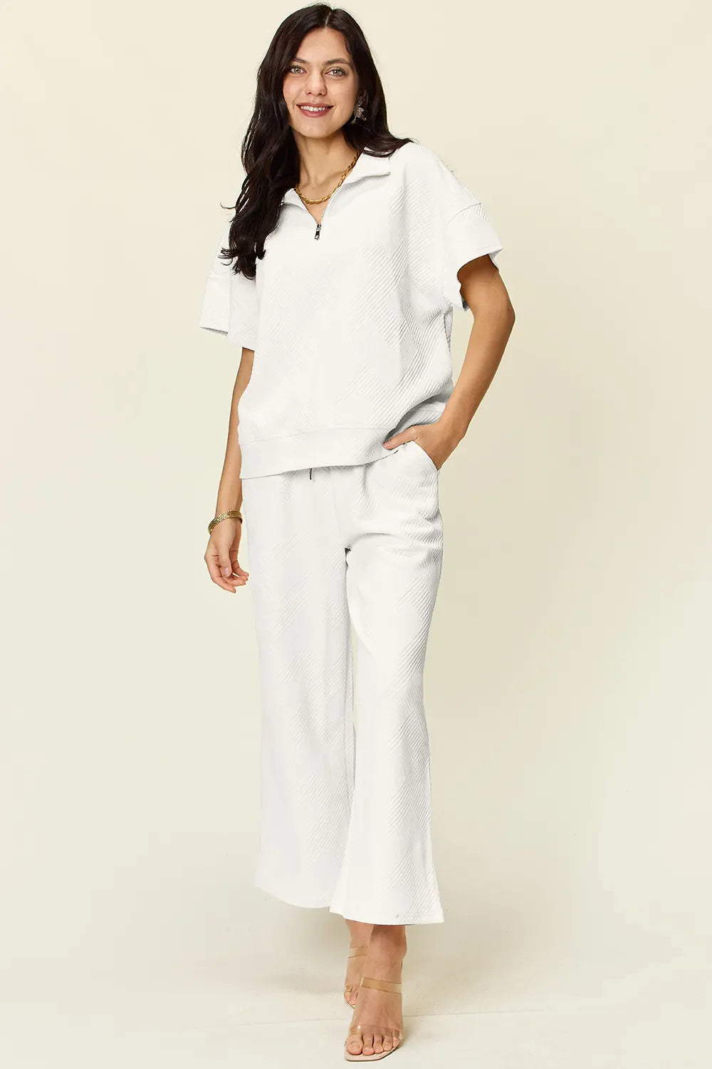 Full Size Texture Half Zip Short Sleeve Top and Pants Set