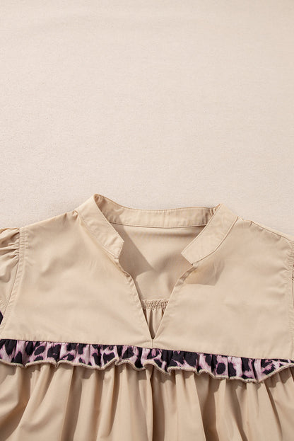 Smoke Gray Leopard Ruffles Trim Tiered Short Sleeve Blouse