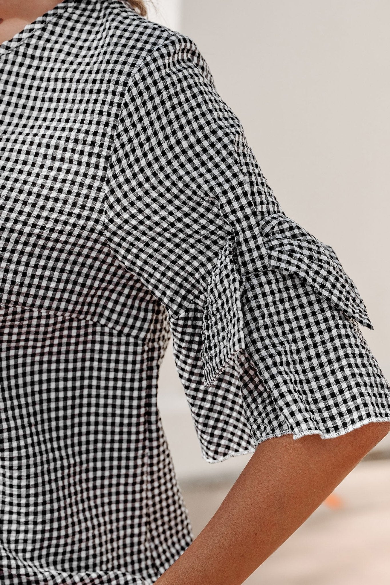 Black Plaid Bow Ruffled Half Sleeve Round Neck Blouse - Loving It Shop