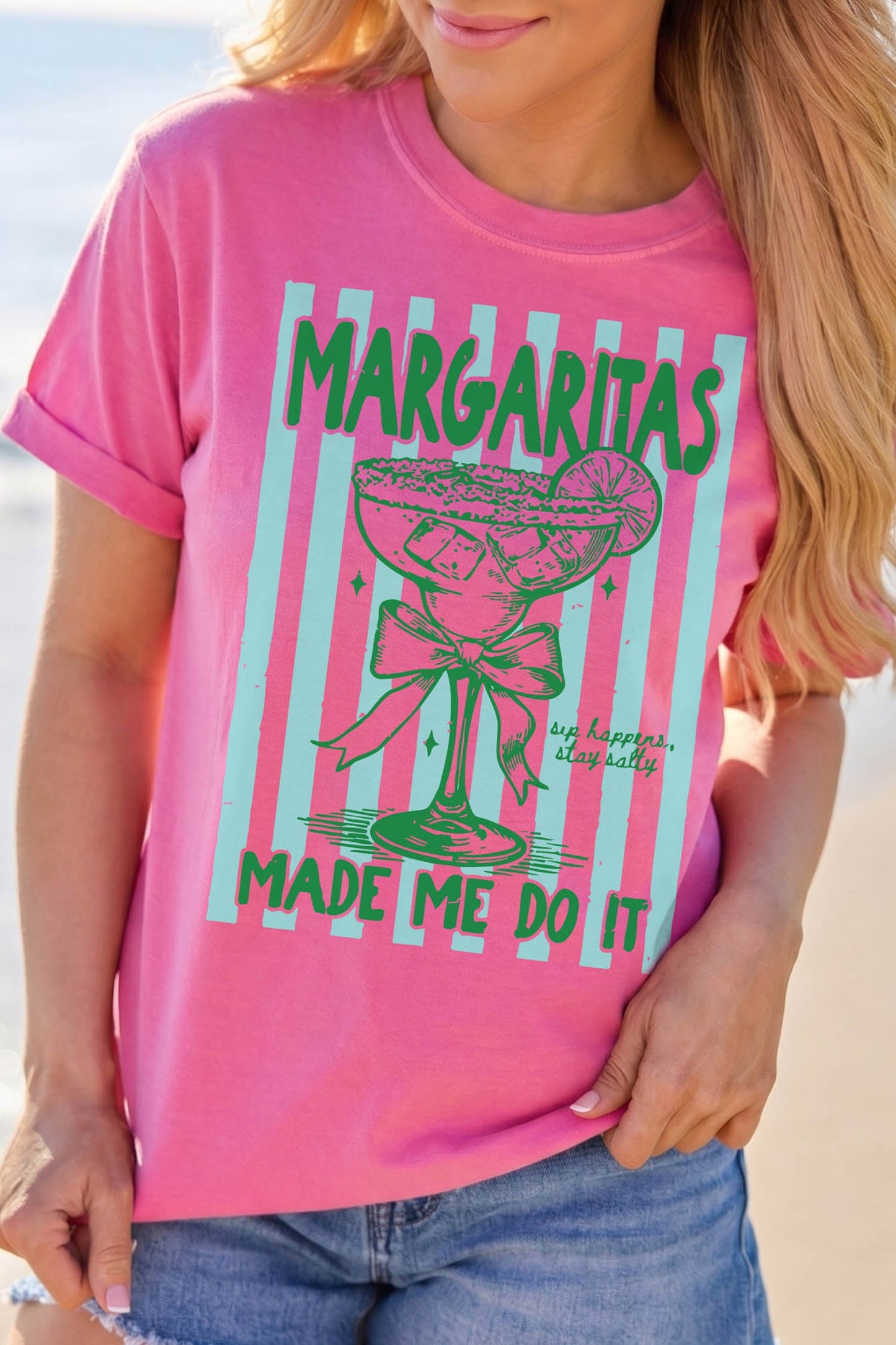 Rose Red Margaritas Made Me Do It Striped Graphic Beach Vacation Tee - Loving It Shop