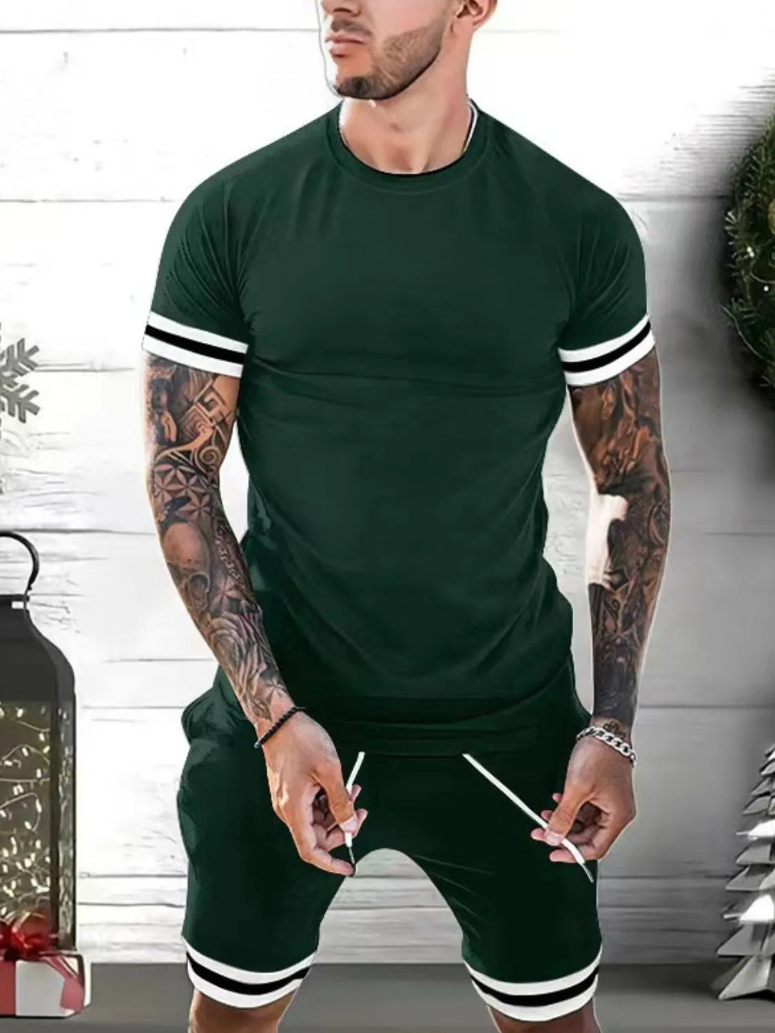 Men's Plus Size Round Neck Short Sleeve Top and Shorts Set