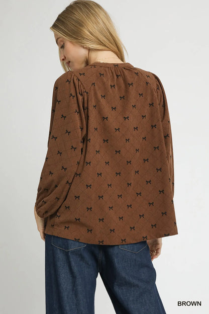 Corduroy Bow Print Balloon Sleeve Blouse