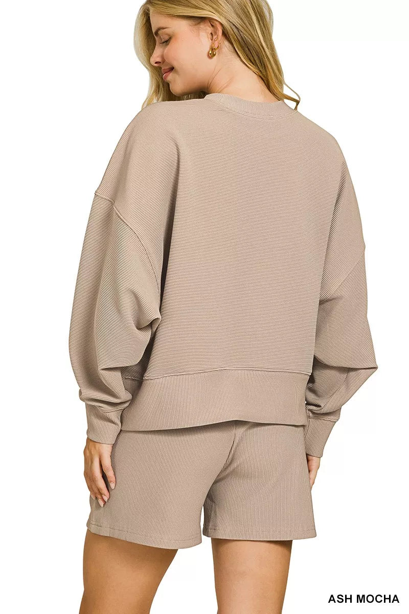 Ribbed Round Neck Pullover and Shorts Set