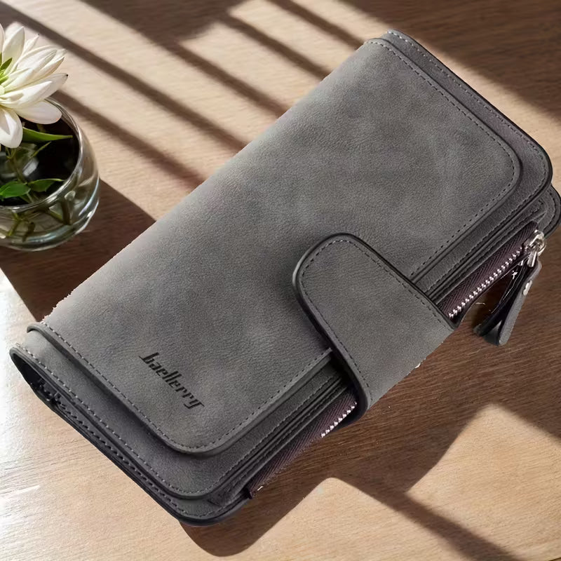 Vintage Faux Leather Long Wallet – Trifold Credit Card Holder with Snap &amp; Zipper