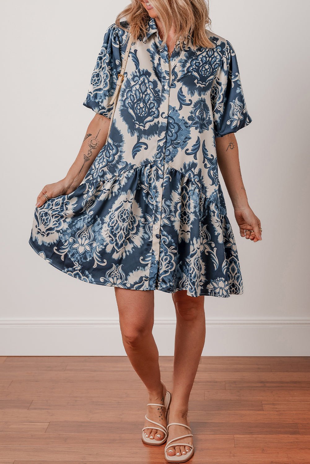 Blue Boho Floral Print Buttoned Collared Loose Fit Mini Dress - Loving It Shop