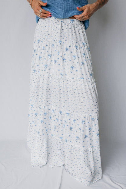 Sky Blue High Waist Tiny Floral Print Boho Maxi Skirt