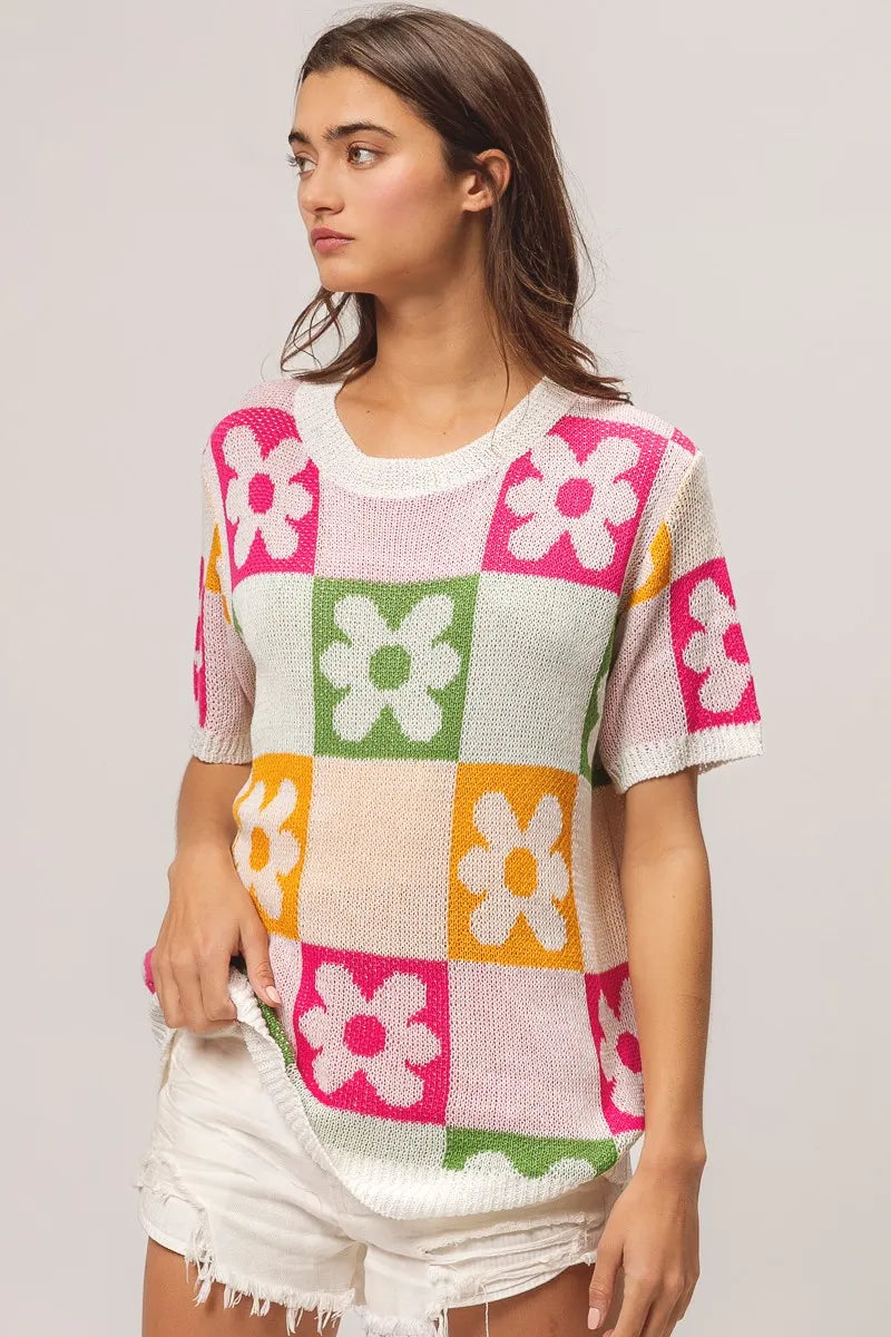 Flower Checker Pattern Lightweight Sweater Top