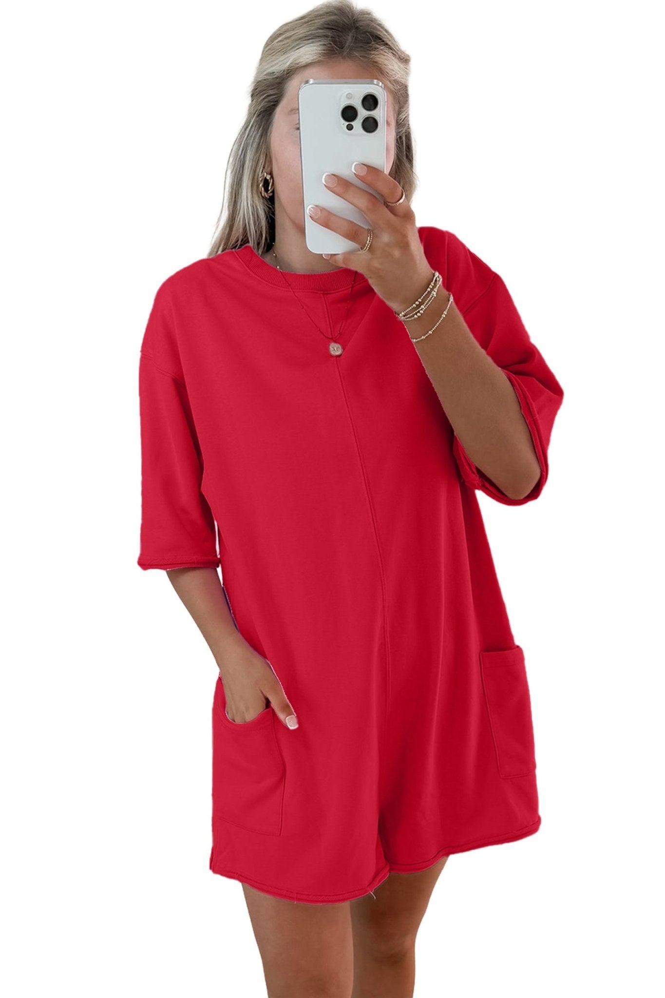 Fiery Red Solid Color Raw Edge Half Sleeve Pocketed Loose Romper - Loving It Shop