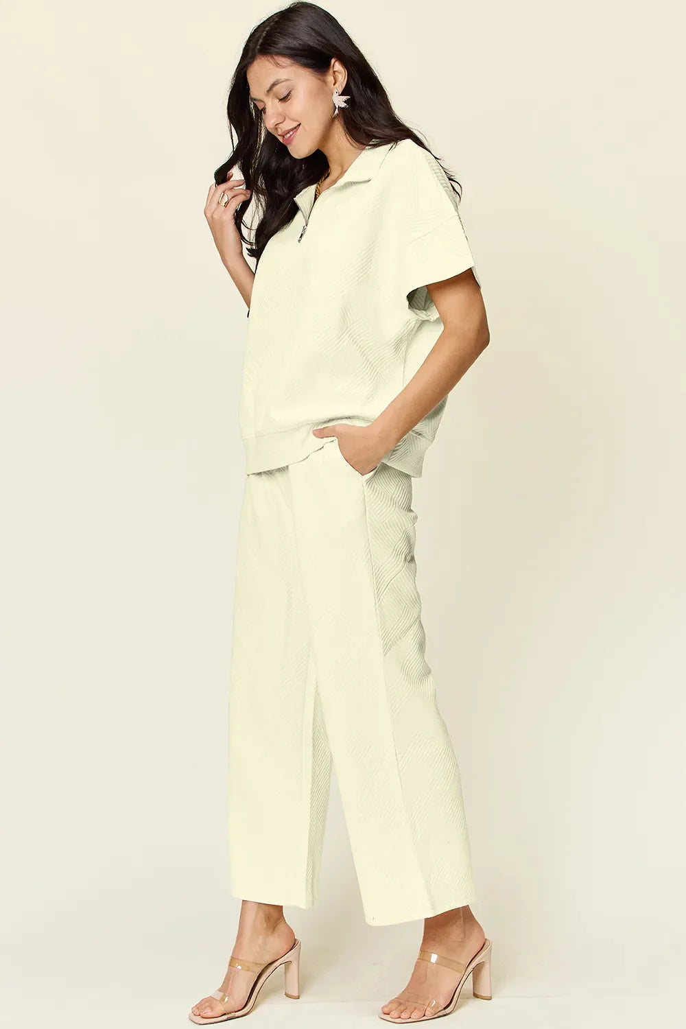 Full Size Texture Half Zip Short Sleeve Top and Pants Set