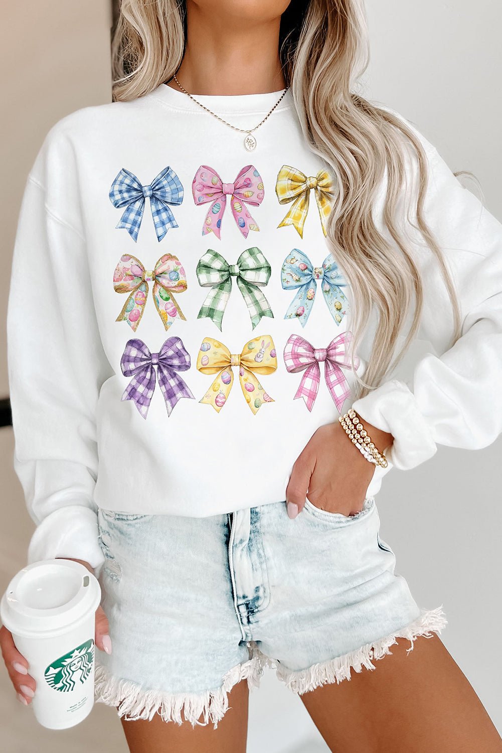 White Easter Eggs Plaid Bow Graphic Drop Shoulder Sweatshirt - Loving It Shop