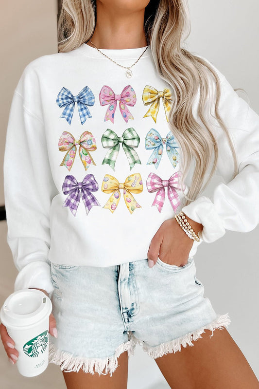 White Easter Eggs Plaid Bow Graphic Drop Shoulder Sweatshirt - Loving It Shop