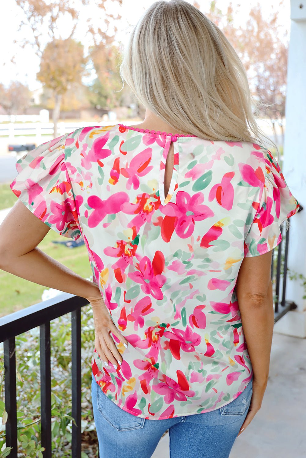 Rose Floral Print Flutter Sleeve Round Neck Casual Blouse - Loving It Shop