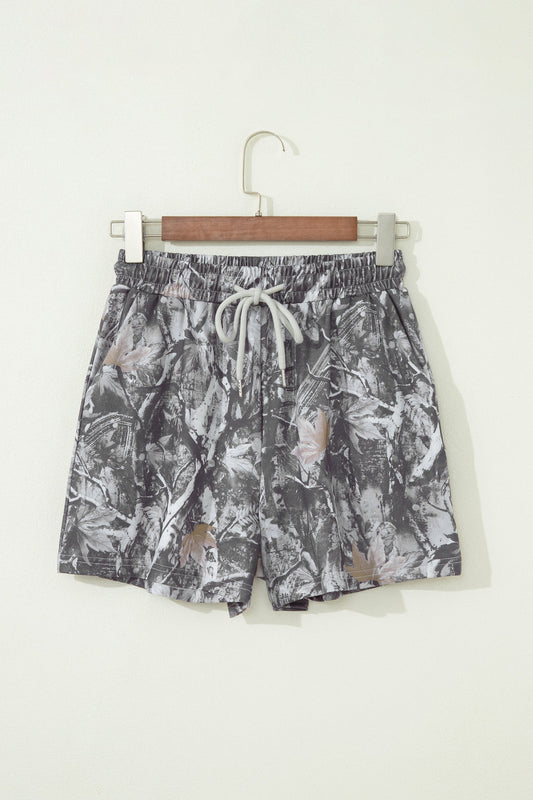 Gray Abstract Maple Leaf Printed Tie Elastic Waist Shorts