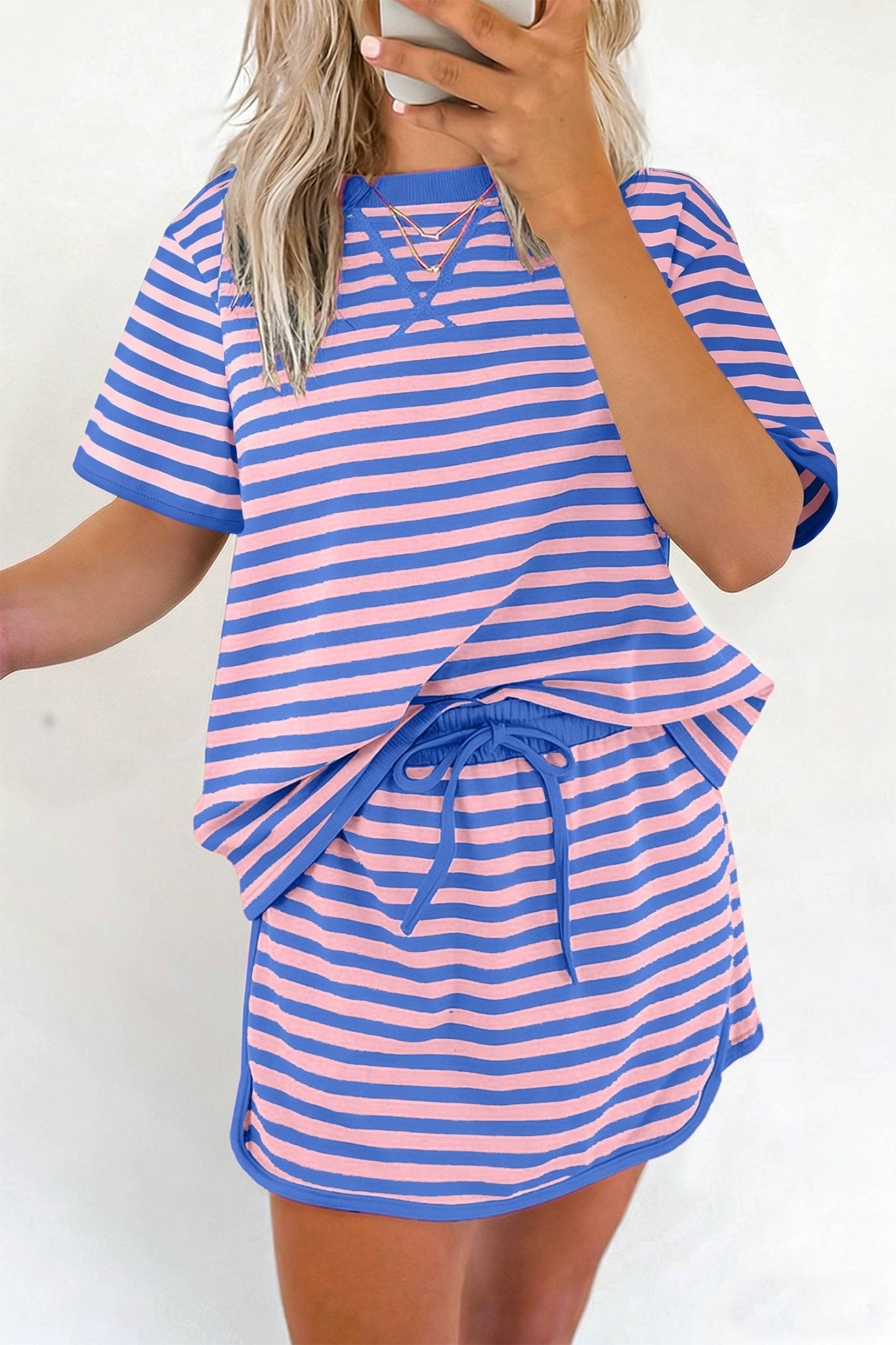 Blue Stripe Loose Short Sleeve Top and Skirt Set - Loving It Shop