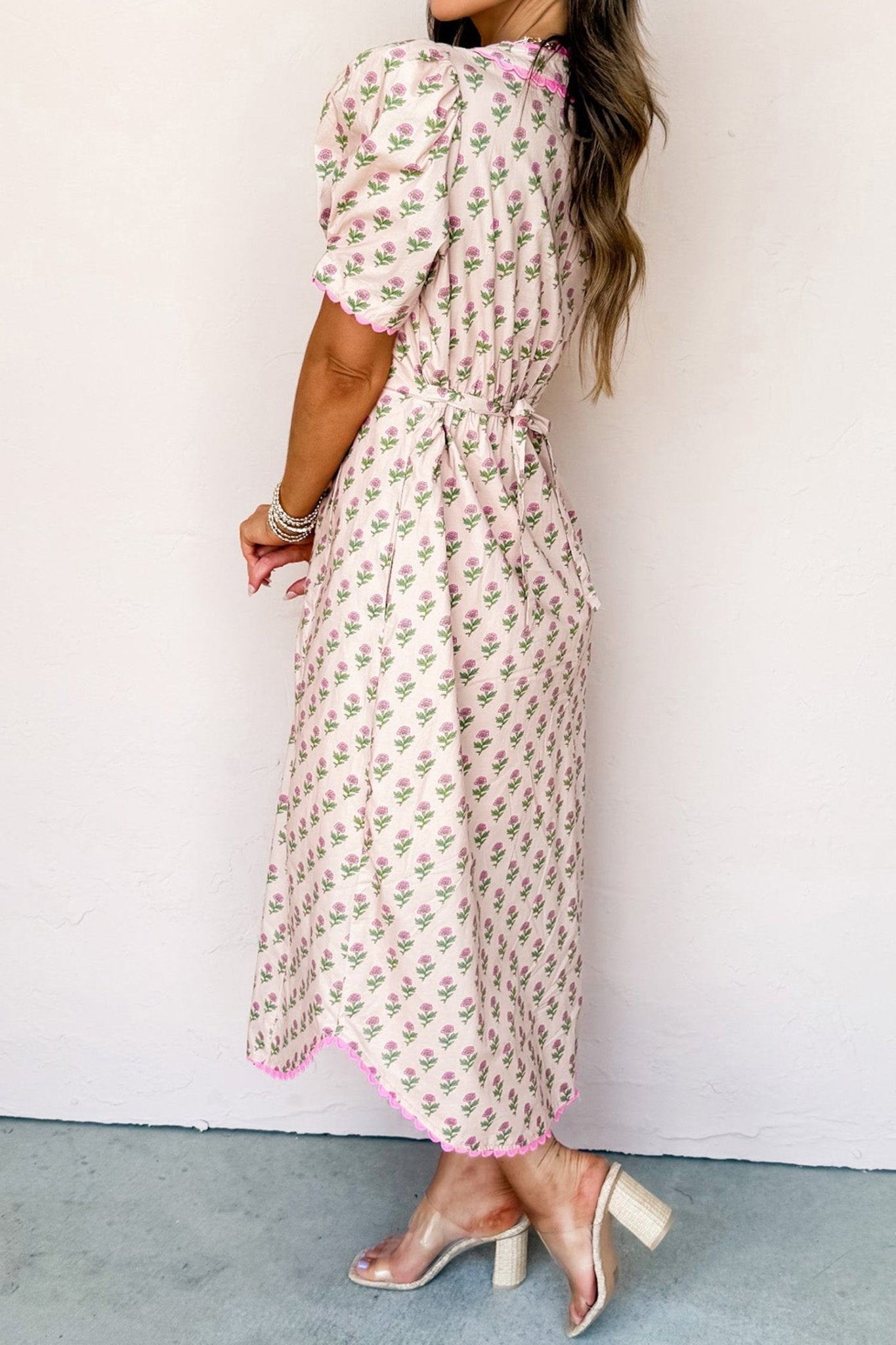Pink Floral Print V Neck Scallop Trim Button Front Short Sleeve Long Dress - Loving It Shop