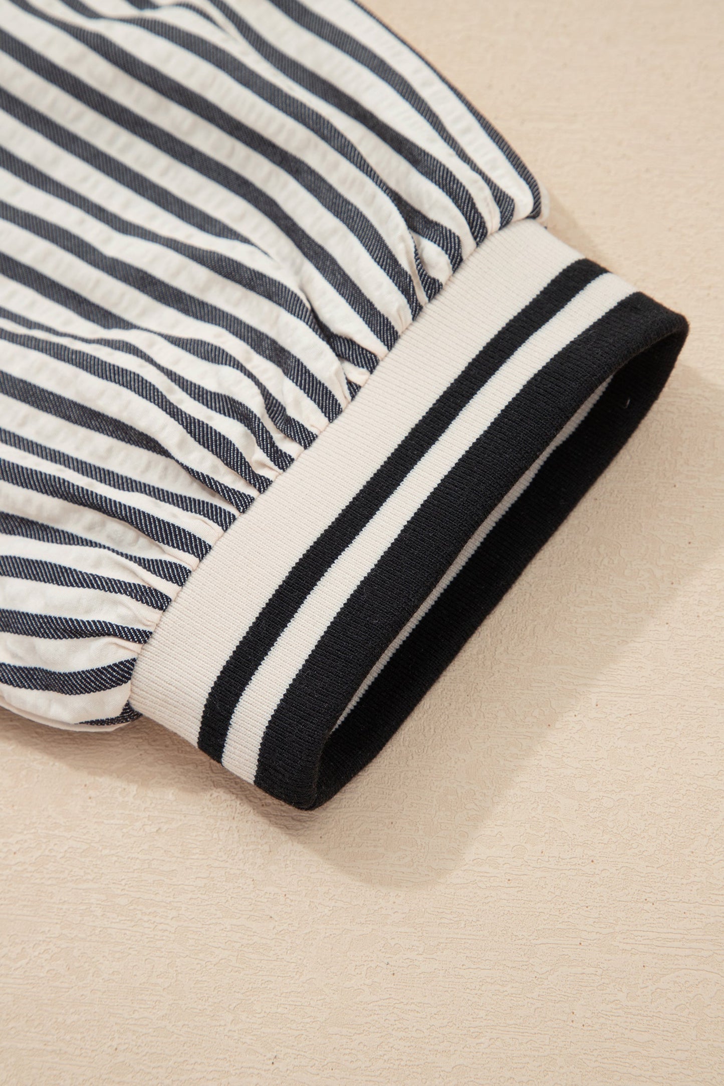 Black Stripe Polo Collar Half Zip Short Puff Sleeve Blouse