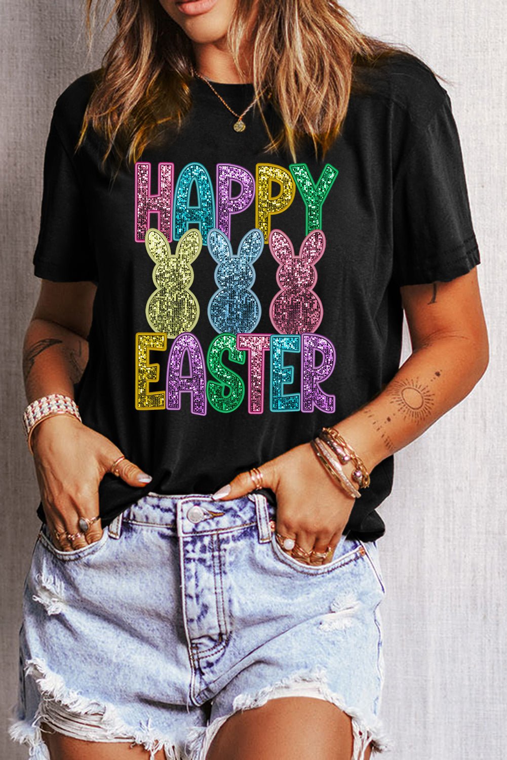 Black Glittering Bunny HAPPY EASTER Graphic T Shirt - Loving It Shop