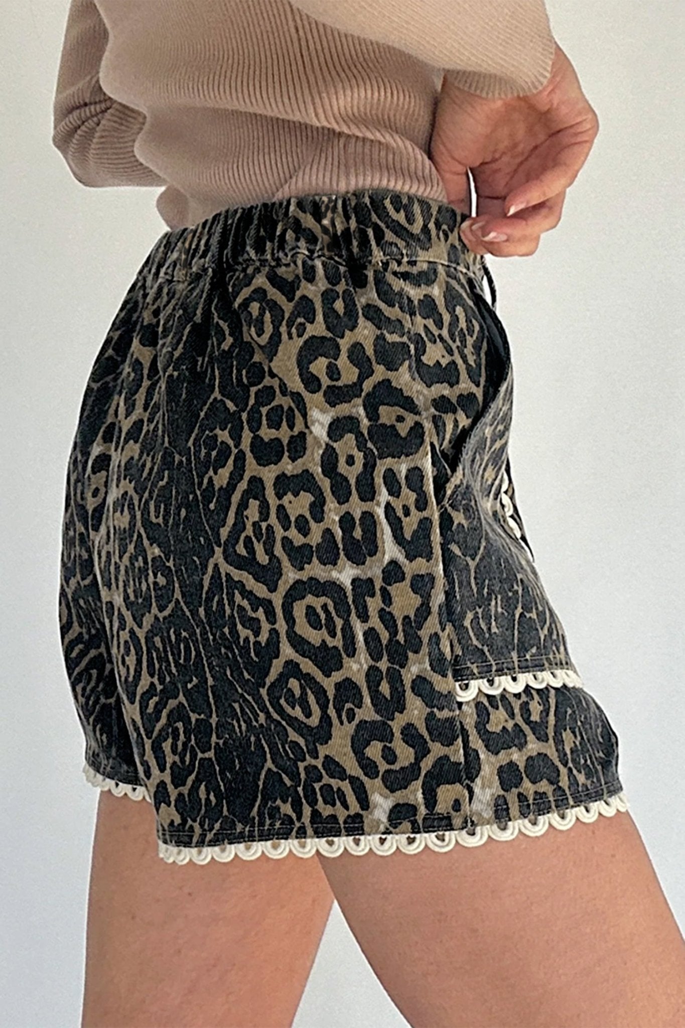 Khaki Contrast Scalloped Lace Trim Leopard Denim Shorts - Loving It Shop
