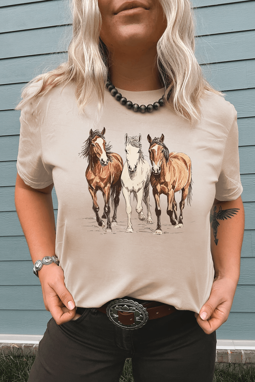 Khaki Gallant Horses Printed Casual T Shirt - Loving It Shop