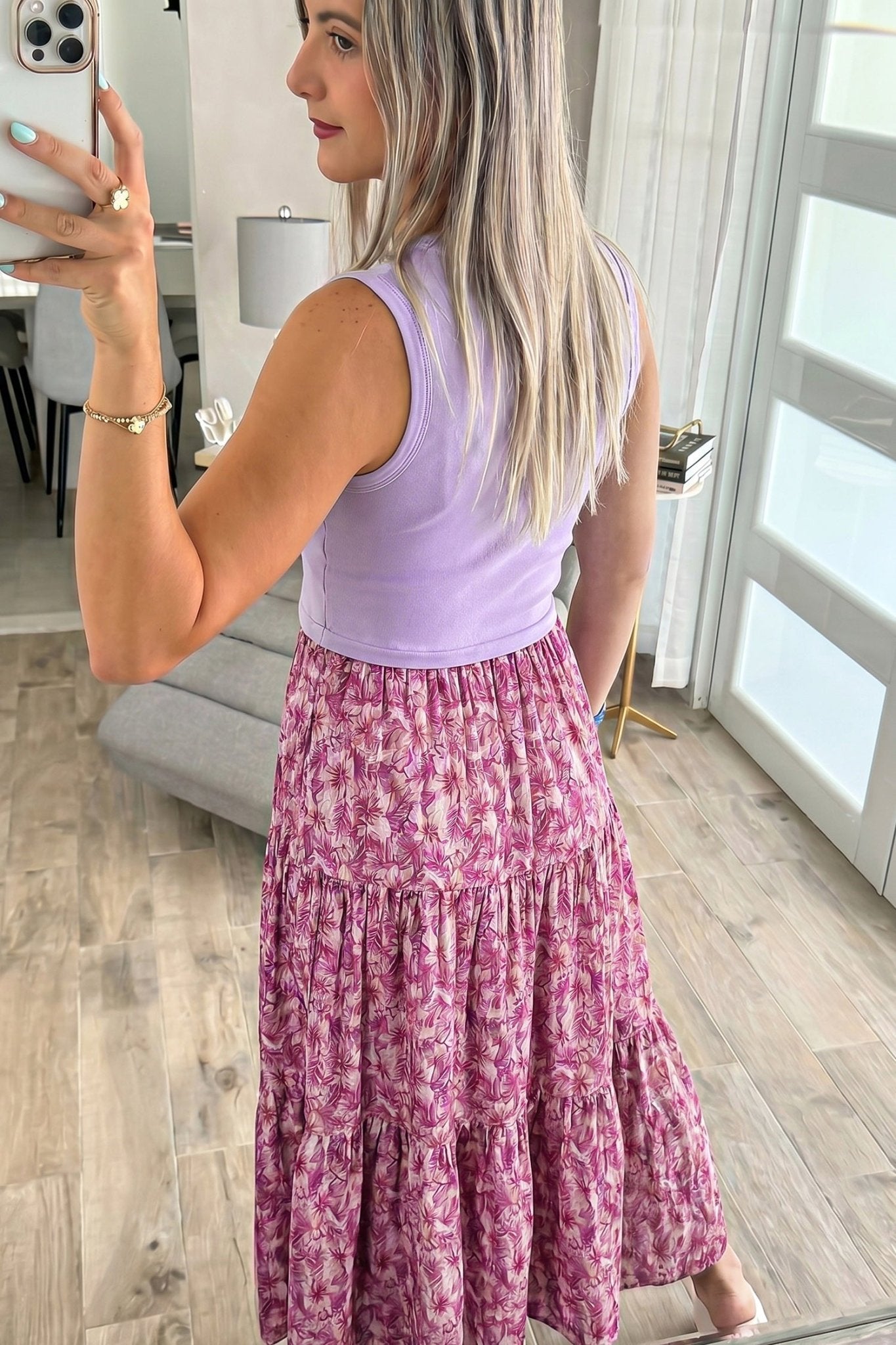 Purple Ribbed V Neck Tank Floral Contrast Patchwork Long Dress - Loving It Shop