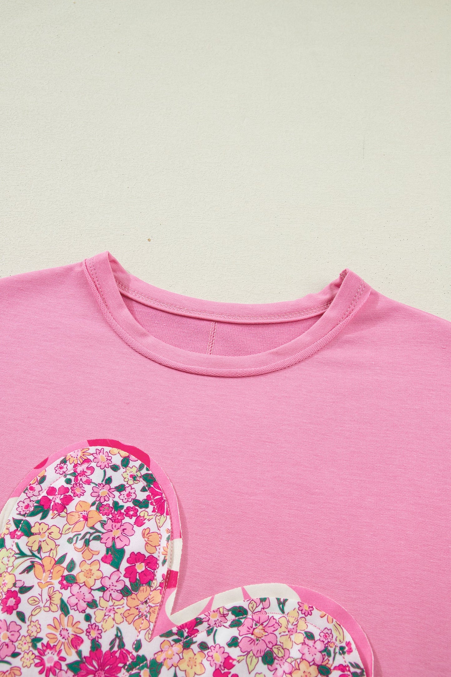 Bright Pink Floral Patched Raw Seam Big Flower Oversize Tee