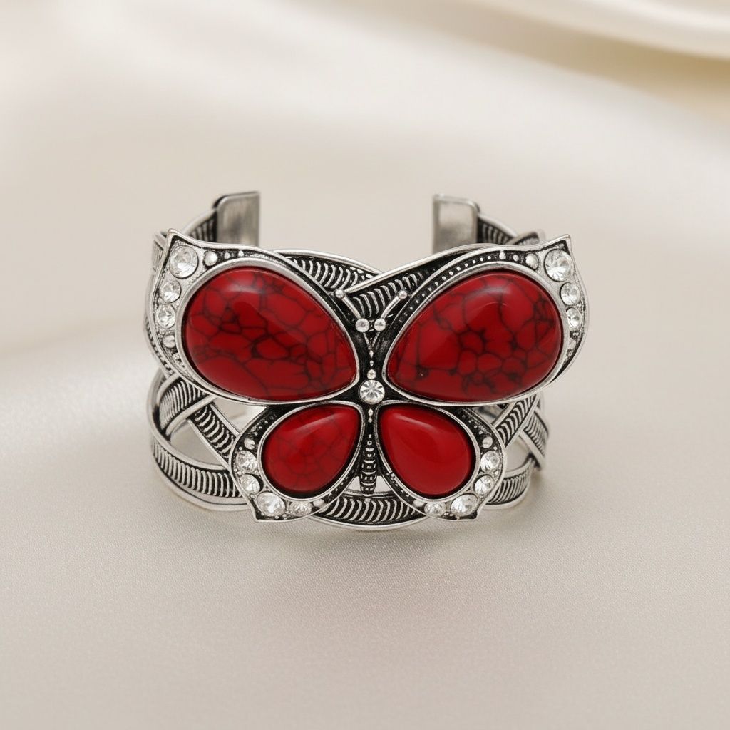 Statement Burnished Silver Cuff Bracelet with Red Butterfly Detail