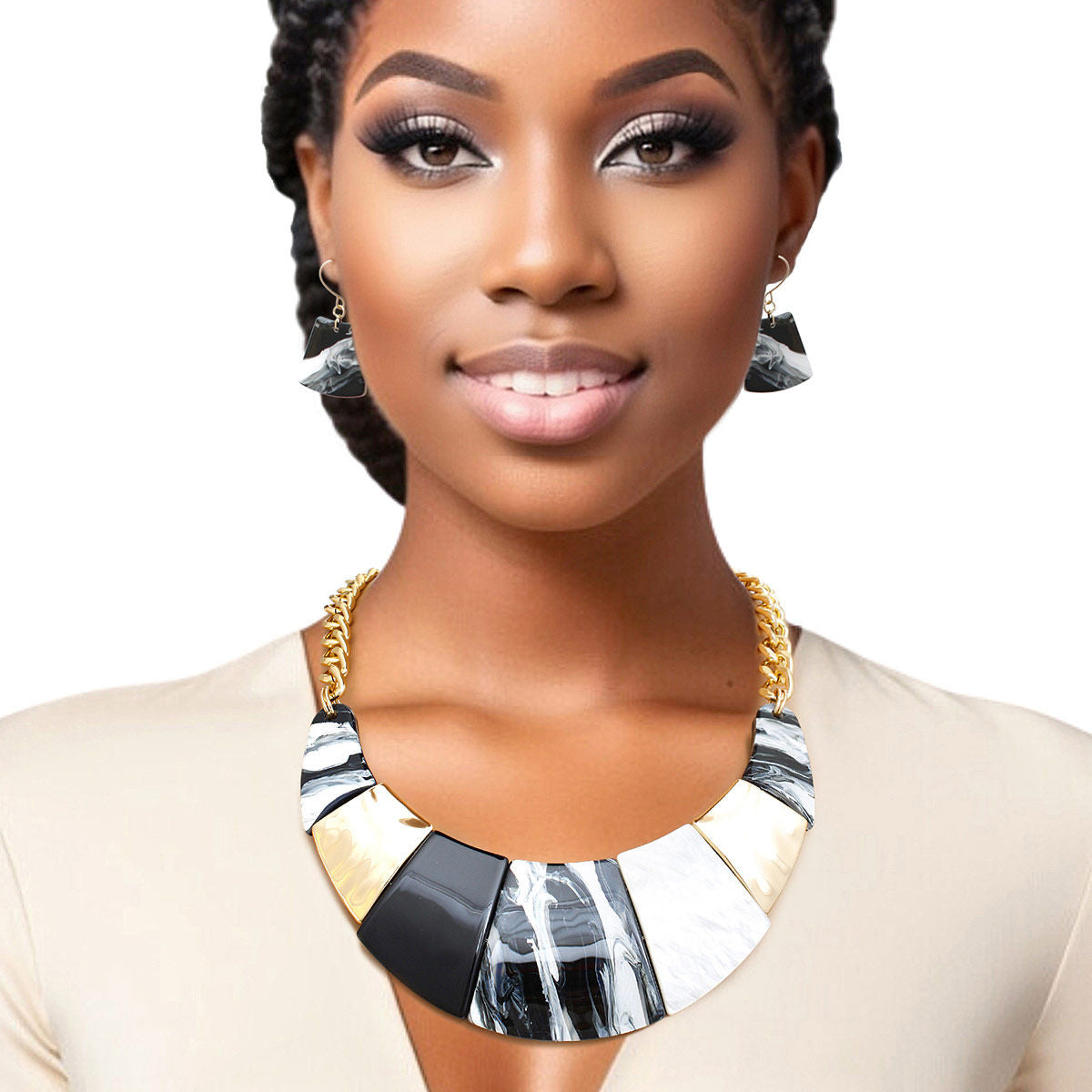 Statement Necklace Marbled Black Bib Chain for Women Stylish Chic Jewelry