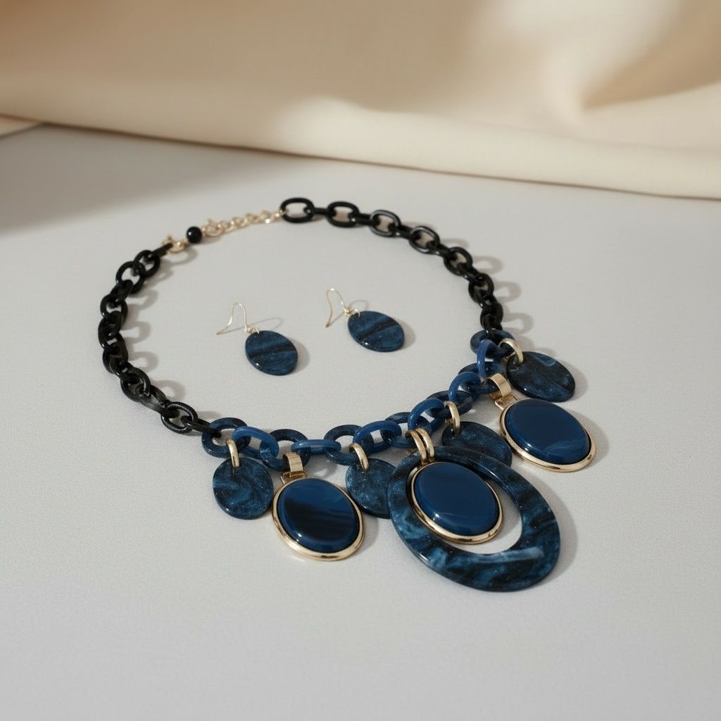 Statement Necklace Blue Glitter Oval Swirled Set for Women Stylish Chic Jewelry