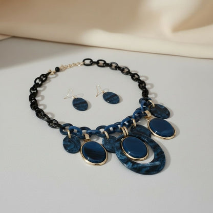 Statement Necklace Blue Glitter Oval Swirled Set for Women Stylish Chic Jewelry