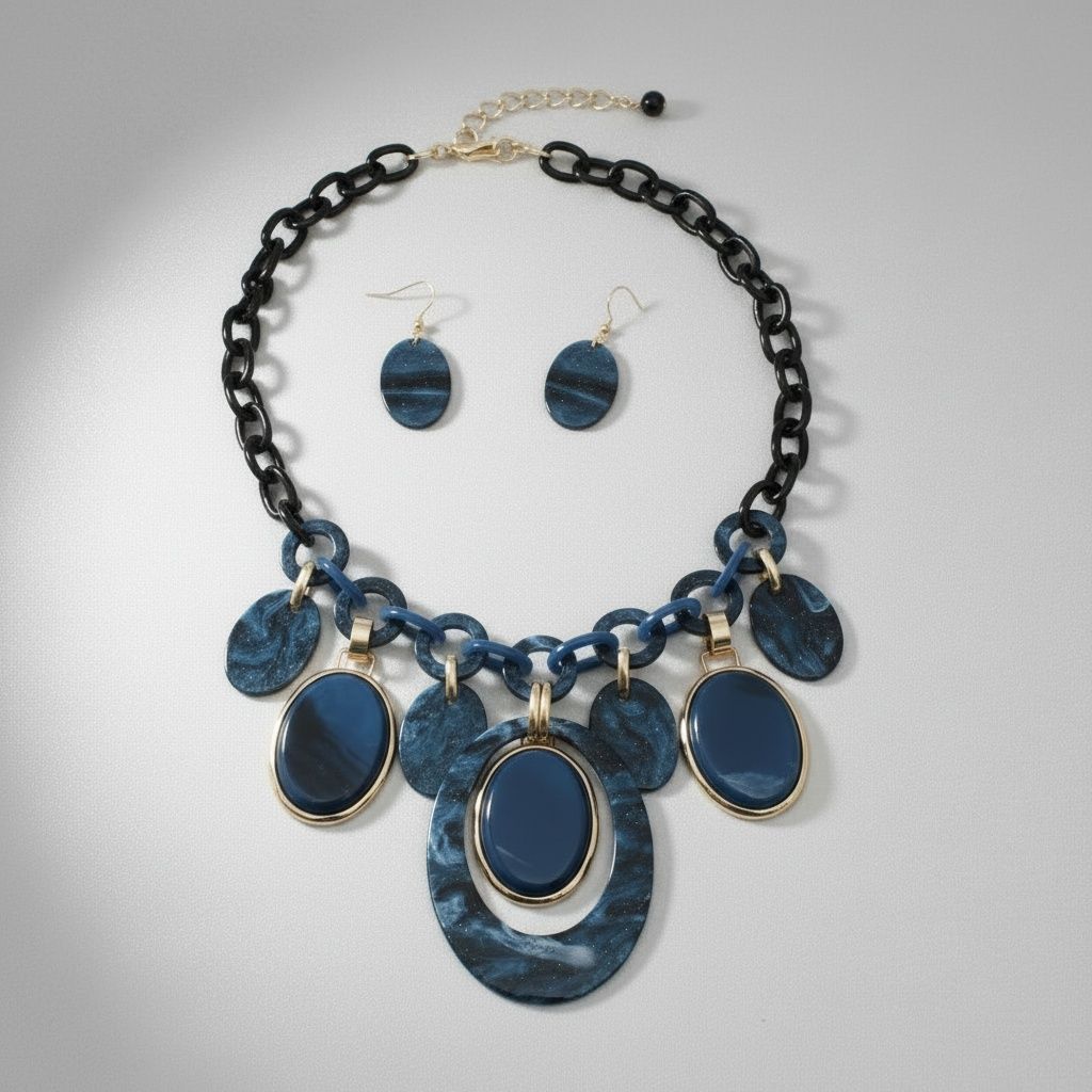 Statement Necklace Blue Glitter Oval Swirled Set for Women Stylish Chic Jewelry