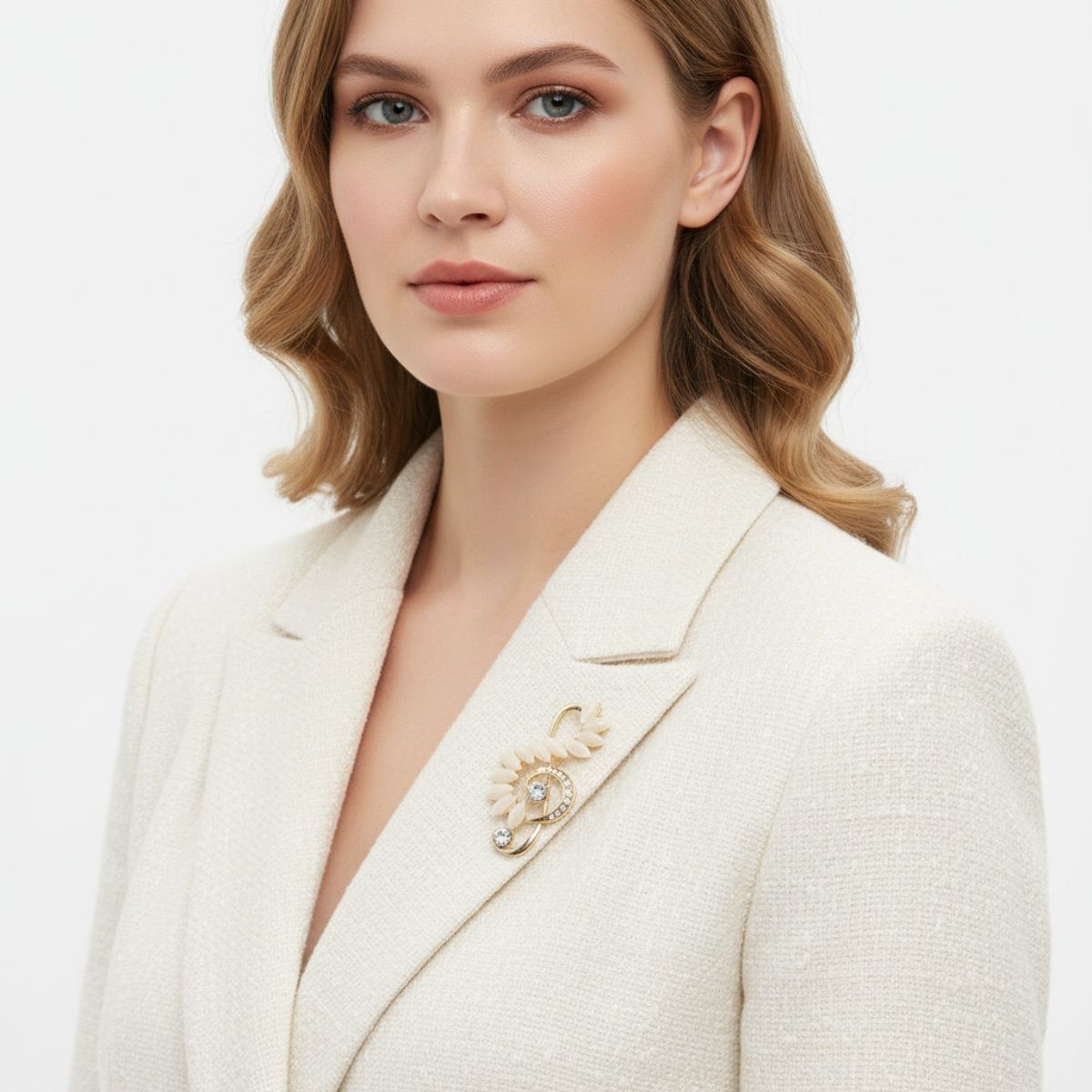 Fashion Brooch Gold Treble Clef Pin with Cream Marquise Stone Stylish Accessory