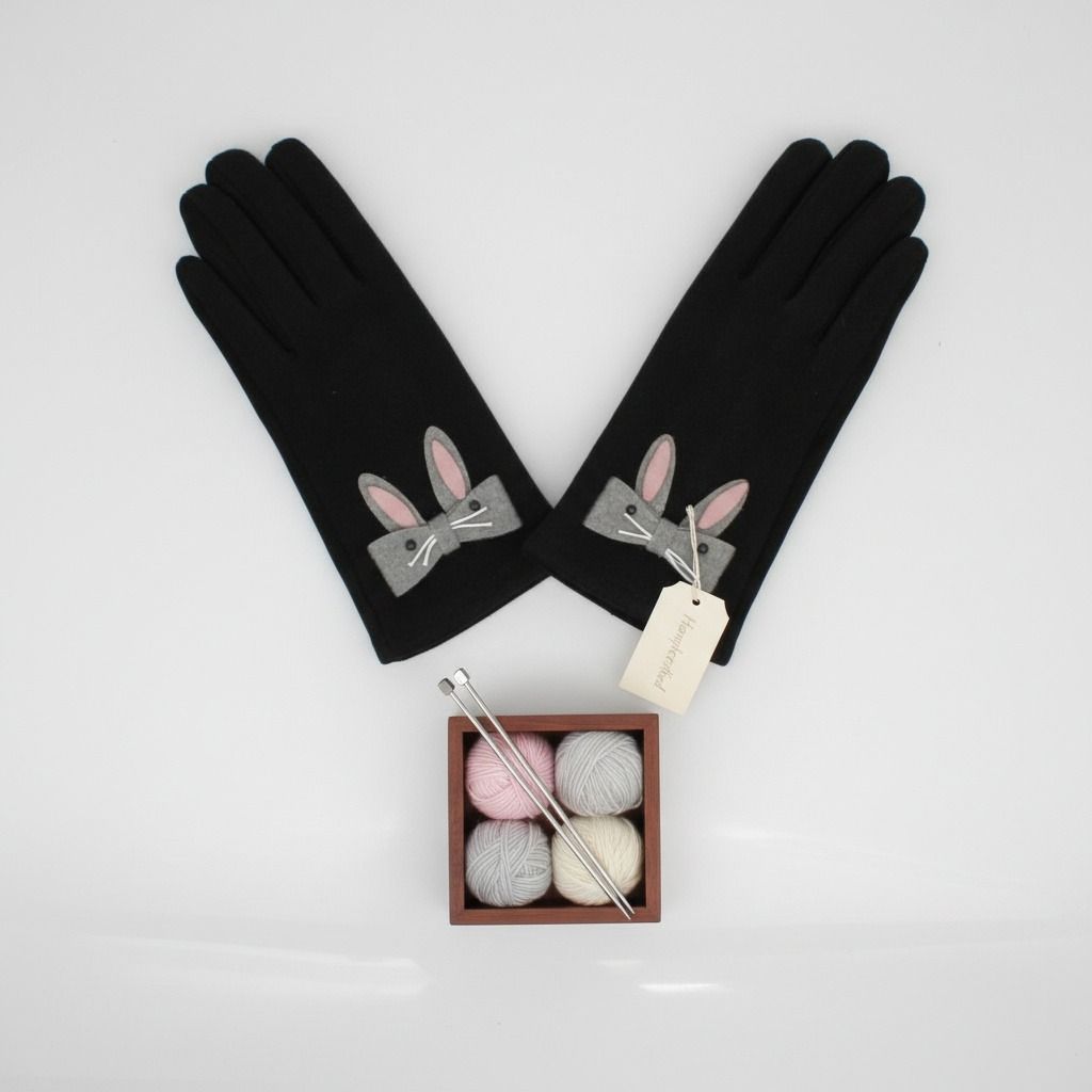 Winter Woolen Touchscreen Gloves Black with Cute Rabbit Detail Stylish and Trendy