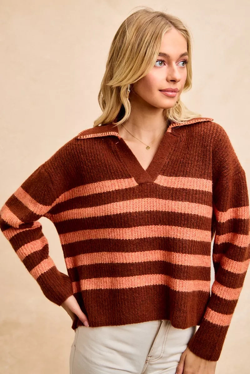 Striped Sweater Top with Collar Stitched Details