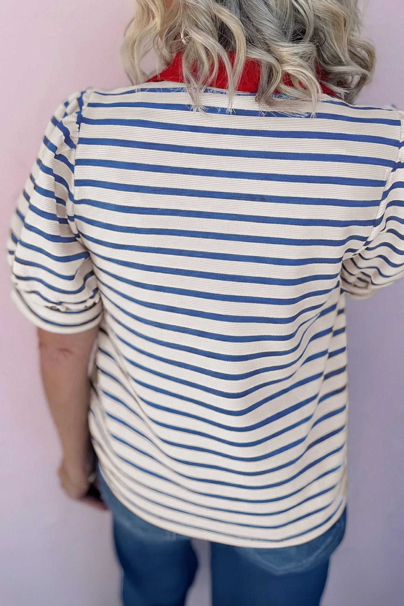 Blue Stripe Short Puff Sleeve Color Block Polo Collar Blouse - Loving It Shop