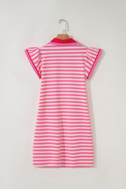 Sachet Pink Stripe Print Contrast Collar Split Neck Flutter Sleeve Short Dress - Loving It Shop