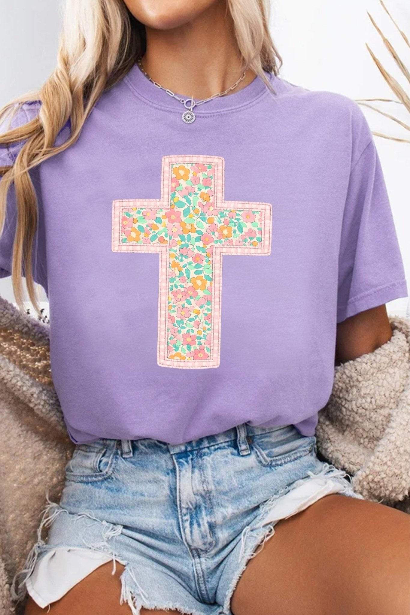 Wisteria Easter Floral Cross Christian Casual Tee - Loving It Shop