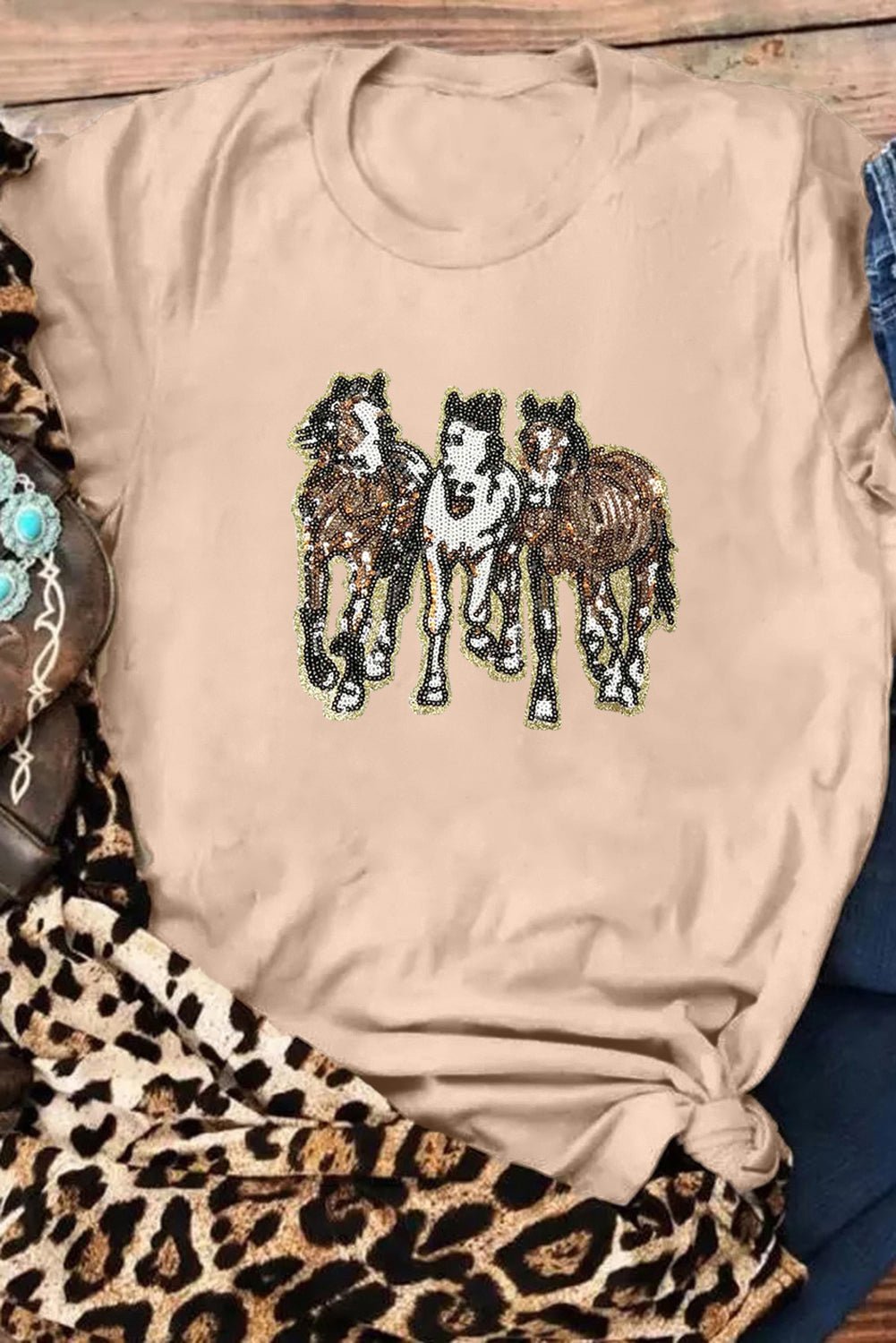 Khaki Sequin Horses Patched Casual Crewneck T Shirt - Loving It Shop