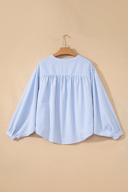 Sky Blue Stripe Floral Embroidered Billowy Sleeve Tunic Baggy Shirt