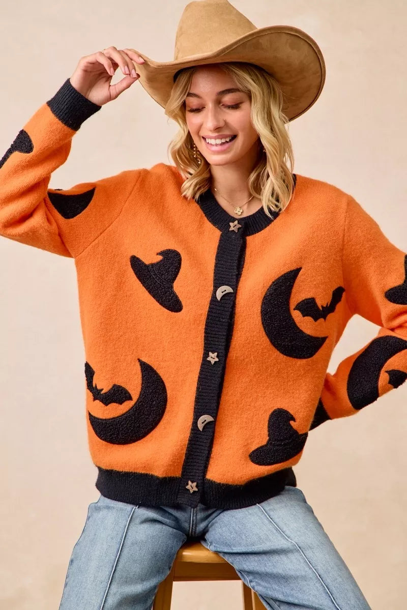 Halloween Witch Hat Moon Bat Artwork Cardigan
