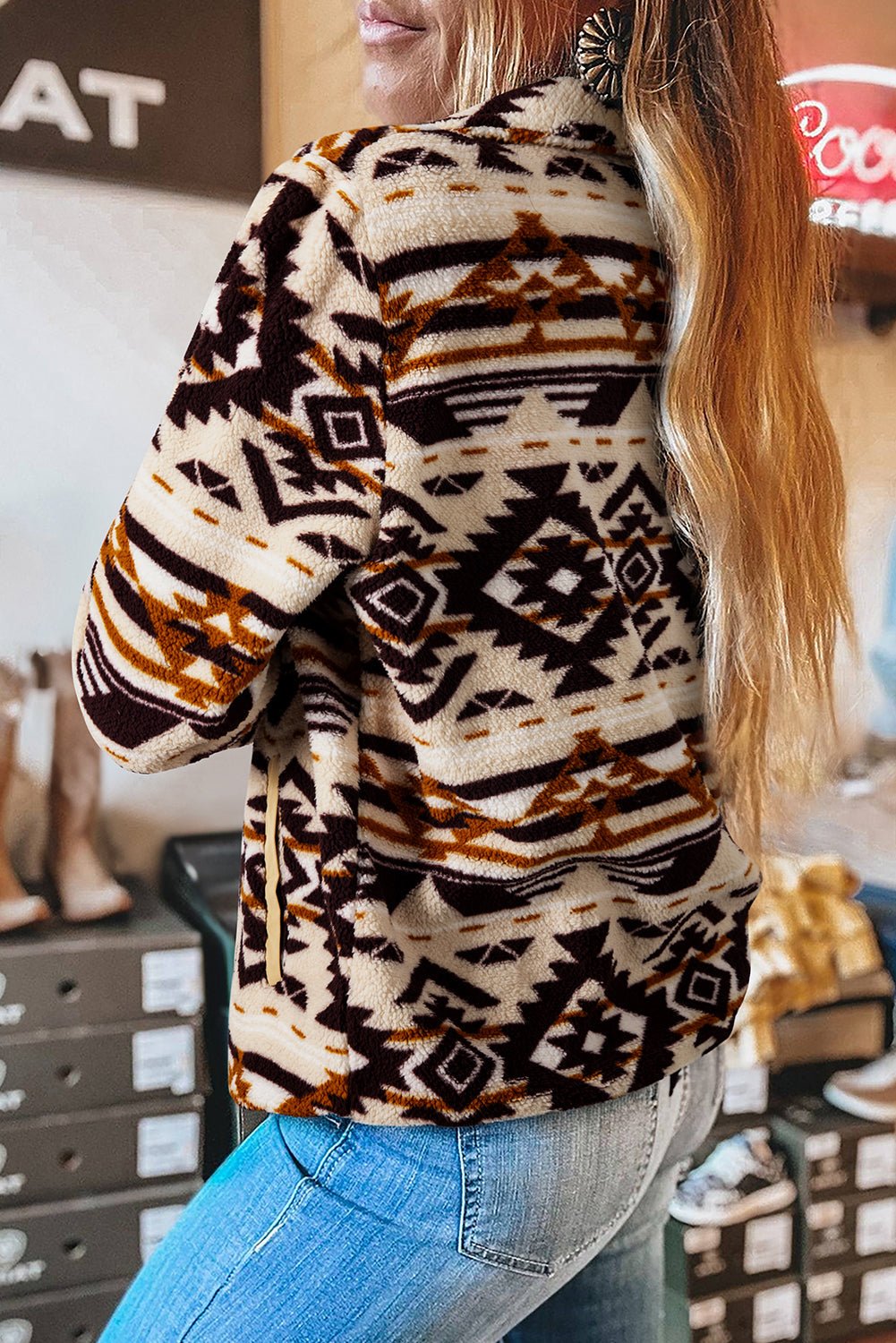 Khaki Western Aztec Half Placket Plush Sweatshirt - Loving It Shop