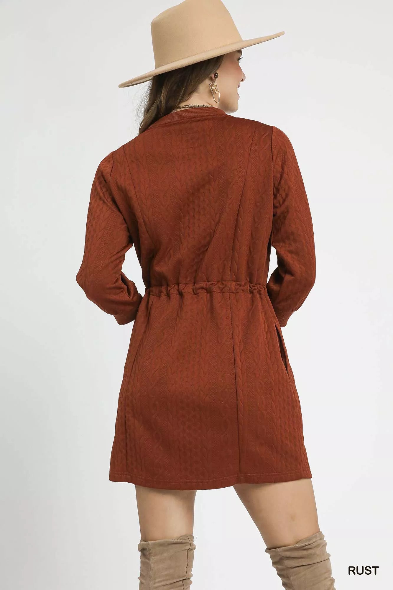 Drawstring Cable Knit Mini Dress with Pockets